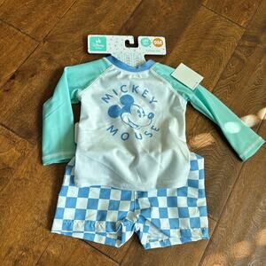 Disney Baby Mickey Mouse Swimsuit Boys 9 Month Rash Guard Trunks Green Blue NEW